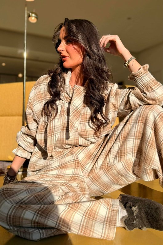 Agnes Plaid Brushed Cotton Neckerchief Blouse Camel